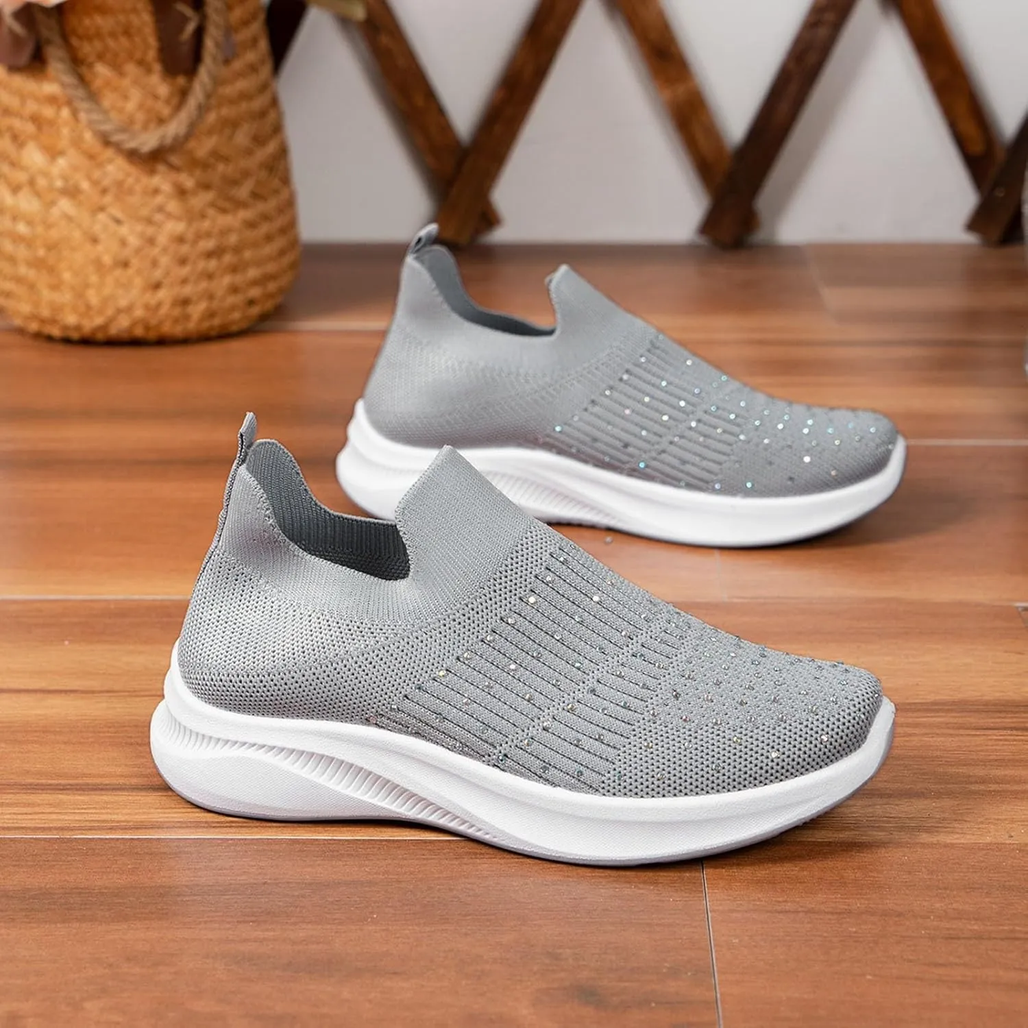ZSpzx Orthopedic Rhinestones Walking Sneakers for Women Low Top Slip On Cushioned Footbed Ladies Jogging Tennis Sneaker Arch Support Soft Padded Breathable Comfy Shoes Plantar Fasciitis Footwear