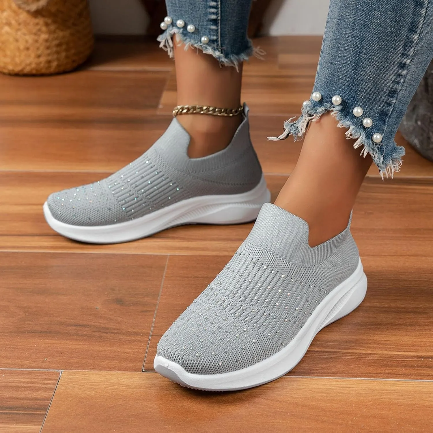 ZSpzx Orthopedic Rhinestones Walking Sneakers for Women Low Top Slip On Cushioned Footbed Ladies Jogging Tennis Sneaker Arch Support Soft Padded Breathable Comfy Shoes Plantar Fasciitis Footwear